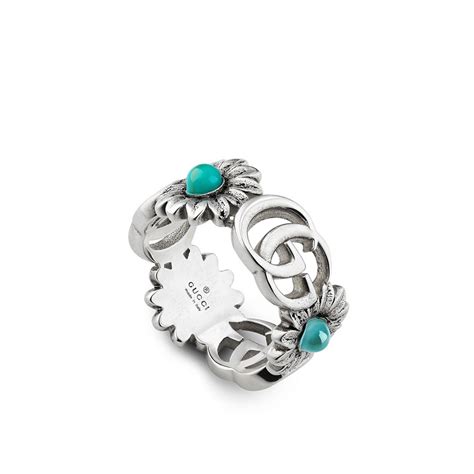 Gucci GG Marmont Sterling Silver Turquoise Flower Band Ring 